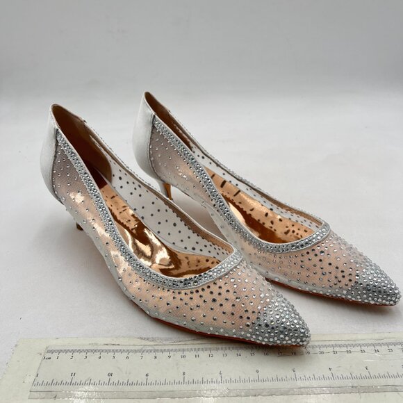 XYD Silver Pointed Toe Slip On Mesh Pumps Rhinestone Studs Kitten Heels Shoes - Picture 4 of 8